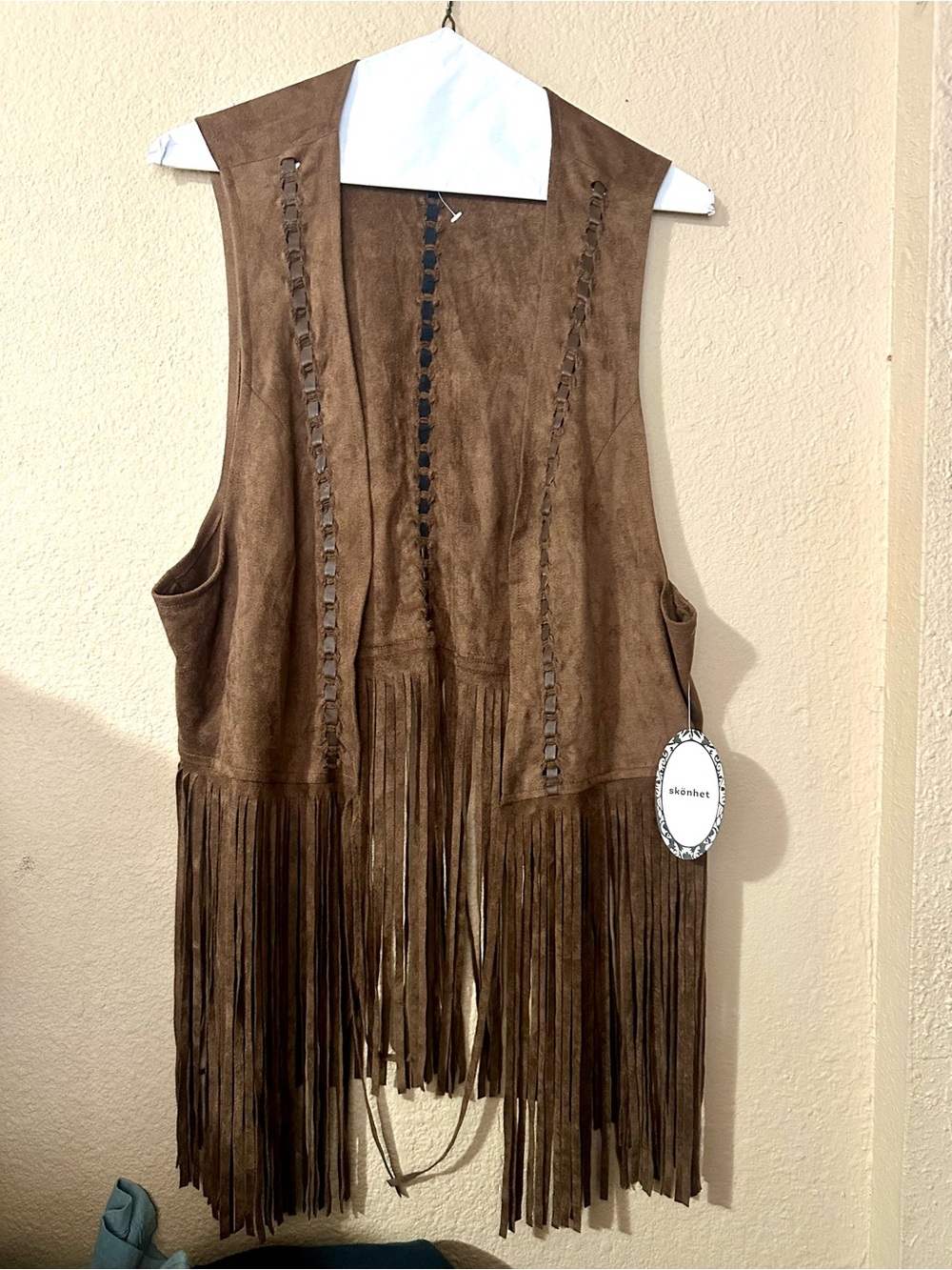 Fringed Suede-Look Brown Vest by - Boho Open Front